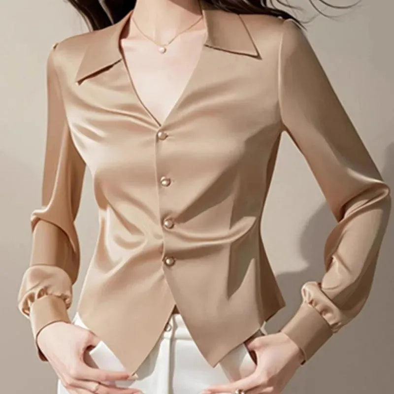 V-neck Long Sleeve Waist Trimming Shirt Women - EX-STOCK CANADA
