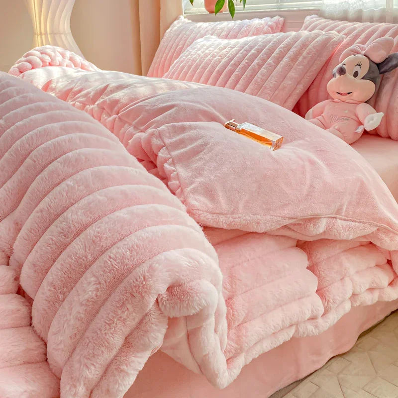 Rabbit Plush Four-piece Set Thickened Milk Fiber Sheets Coral Fleece Duvet Cover EX-STOCK Canada