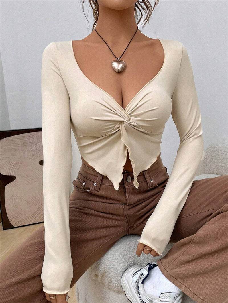Slim fit top Front Twist Irregular Long Sleeve V-neck tank top For Women - EX-STOCK Canada