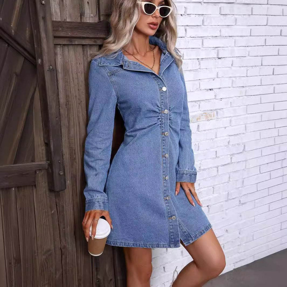 Retro Waist-controlled Slimming Long Sleeve Denim Dress - EX-STOCK Canada