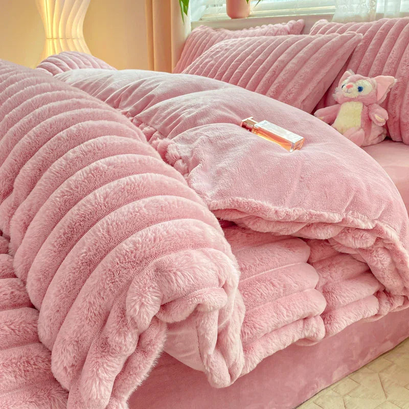 Rabbit Plush Four-piece Set Thickened Milk Fiber Sheets Coral Fleece Duvet Cover EX-STOCK Canada