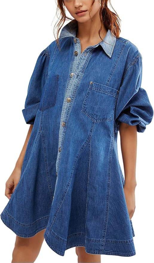 Women's Long Lantern Sleeve Button Denim Dress - EX-STOCK Canada