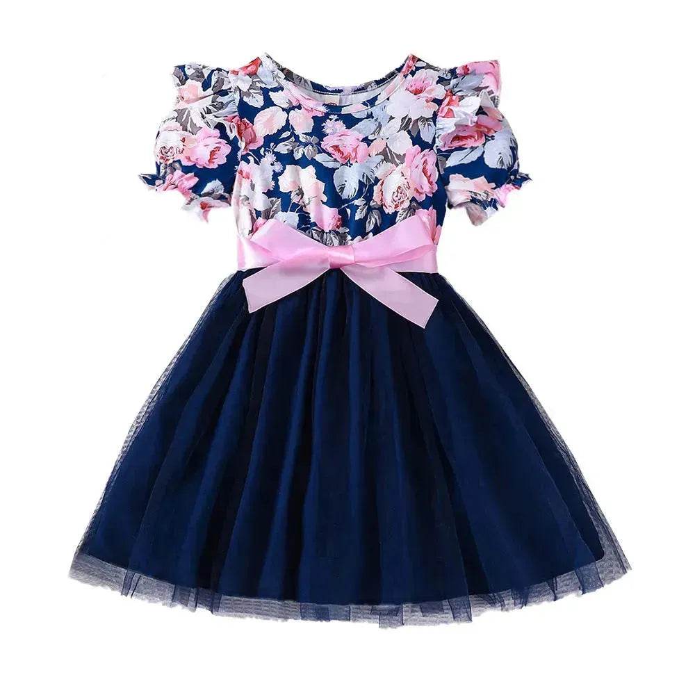 Girls Puff Sleeve Flower Printed Mesh Dress Baby girl dress gown - EX-STOCK Canada