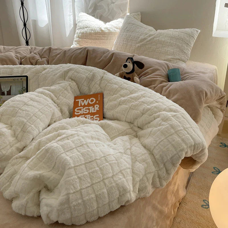 Rabbit Plush Four-piece Set Thickened Milk Fiber Sheets Coral Fleece Duvet Cover EX-STOCK Canada