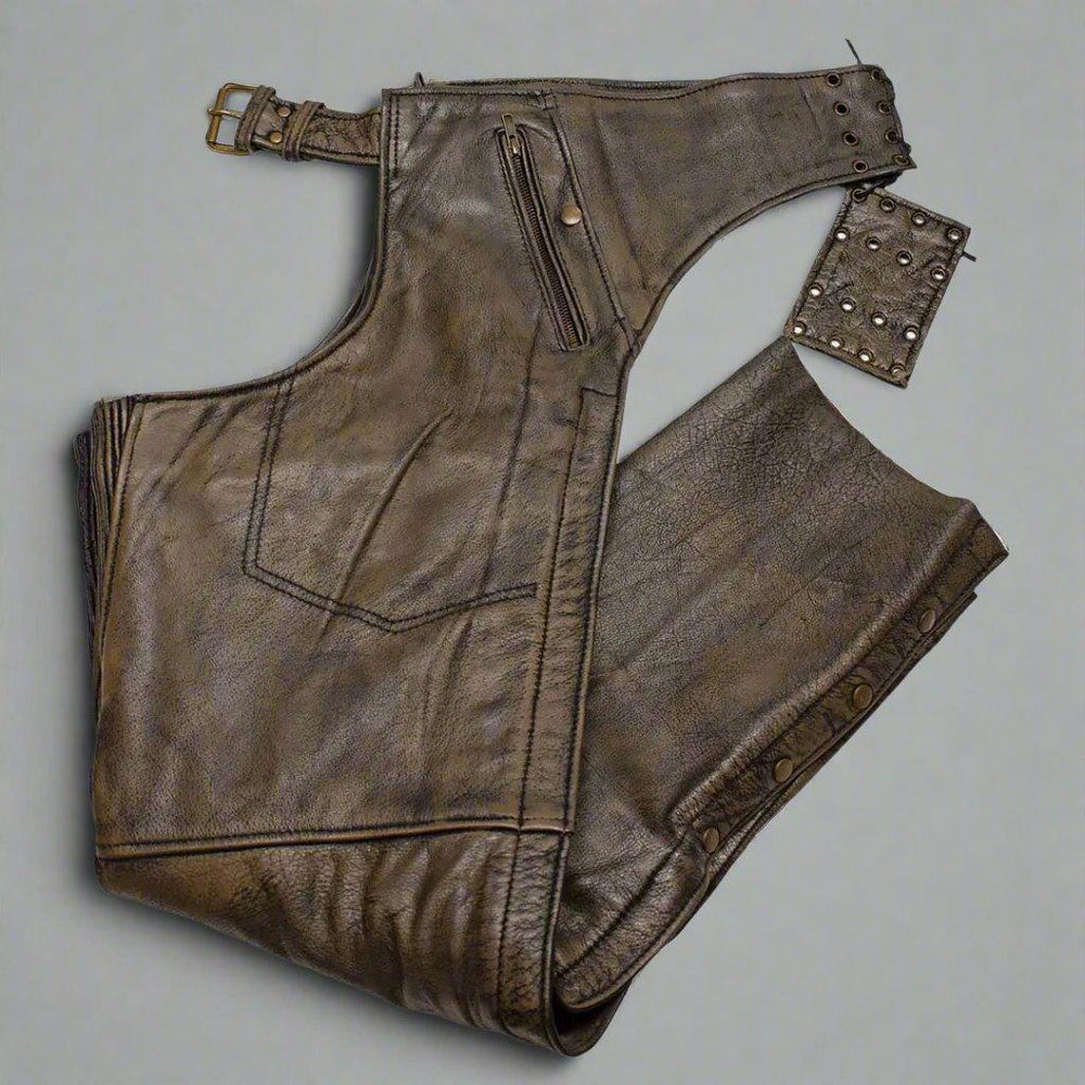 Open Road Men's Distressed Brown 4 Pocket Premium Leather Chaps EX-STOCK Canada