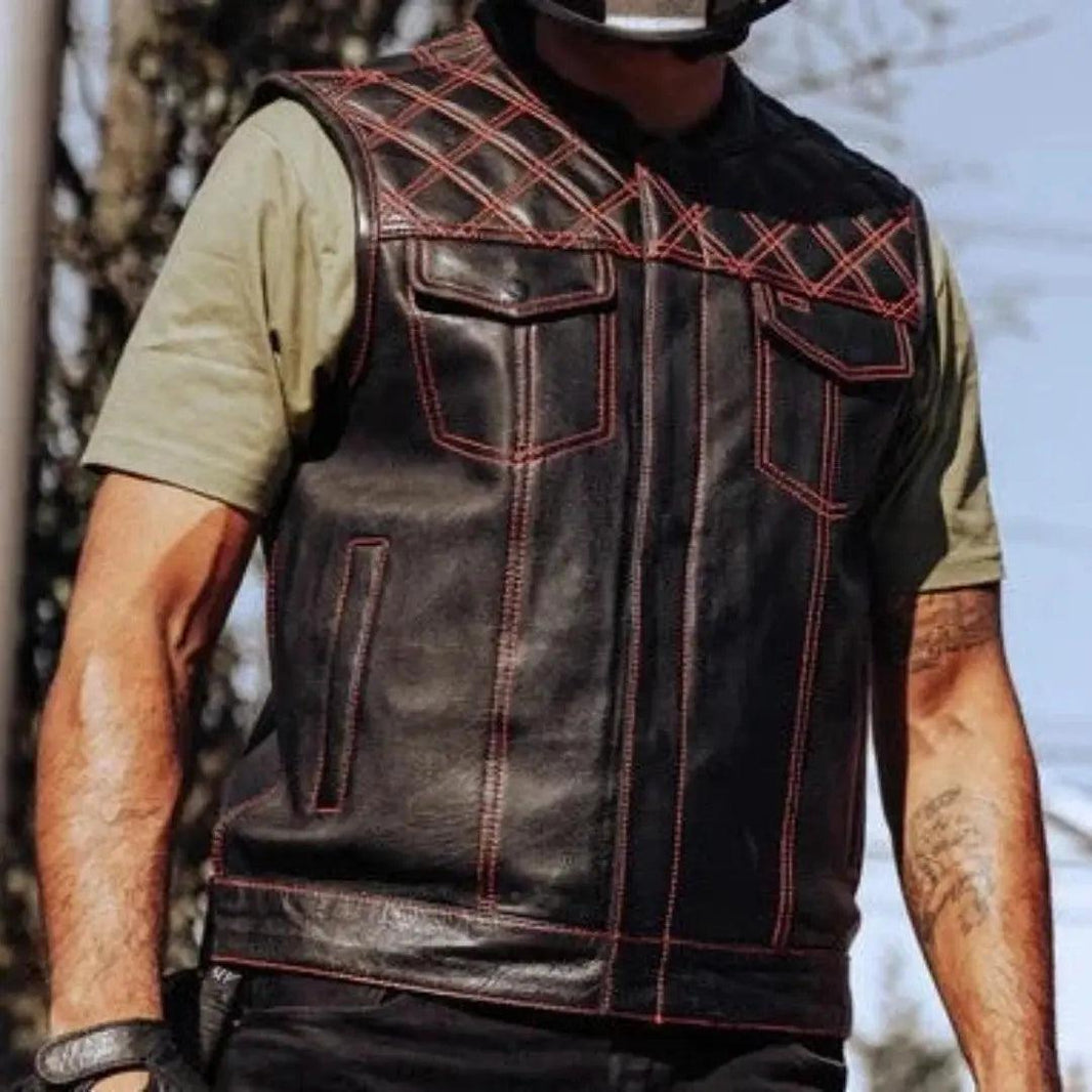 Open Road Men's Upside Leather with Red Stitched Diamonds Vest EX-STOCK Canada