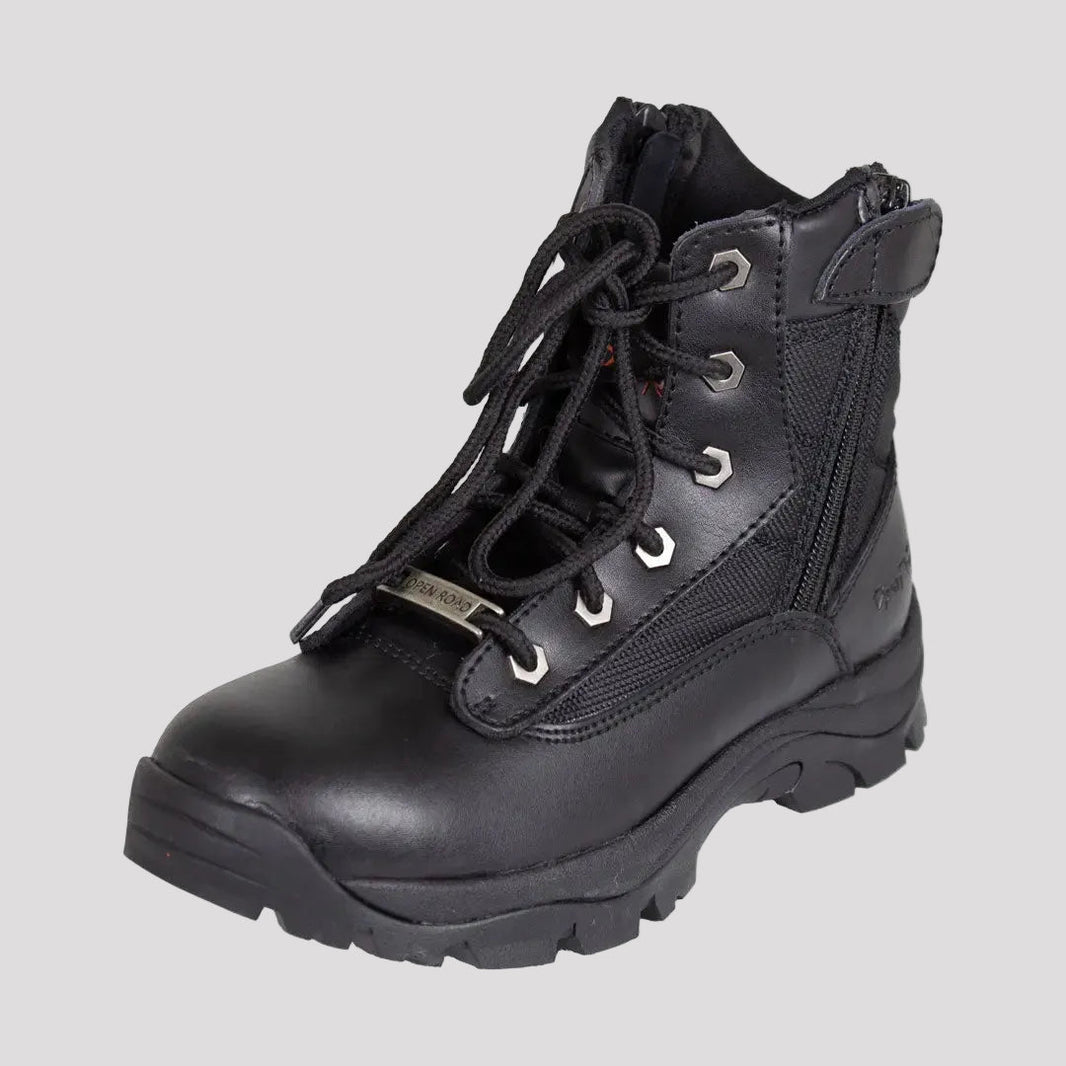 Open Road Women's Black Leather Tactical Lace-Up Boots with Side Zippers Entry