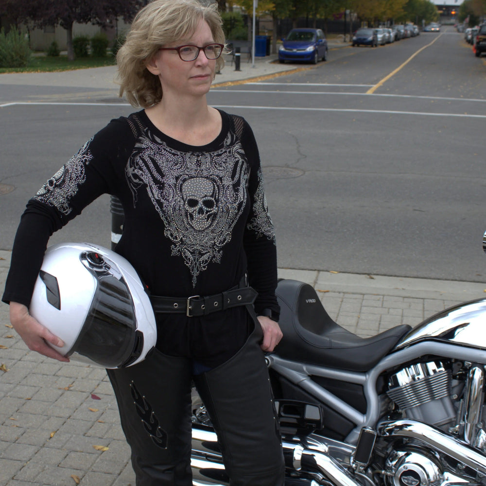 Open Road Women's Flame Inlay Premium Leather Chaps EX-STOCK Canada