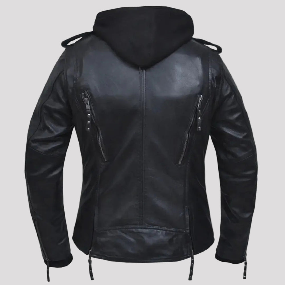 Open Road Women's Hooded Classic Leather Motorcycle Jacket