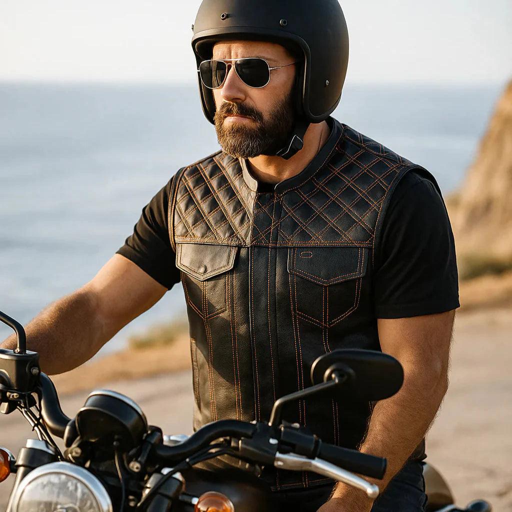 Open Road Men's Upside Leather with Orange Stitched Diamonds Vest EX-STOCK Canada
