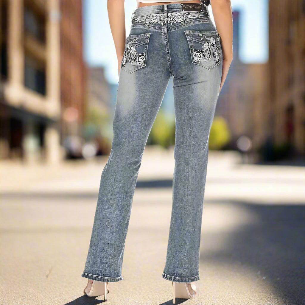 Platinum Plush Women's Rhinestone Motorcycle Bootcut Jeans EX-STOCK Canada