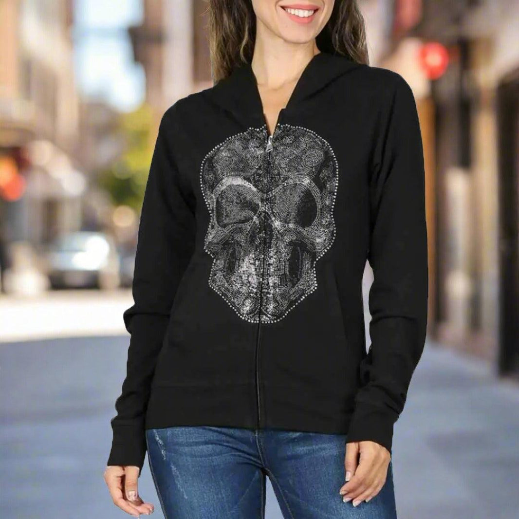 Felpa con cappuccio da donna in peluche platino con teschio e zip interaEX-STOCK Canada