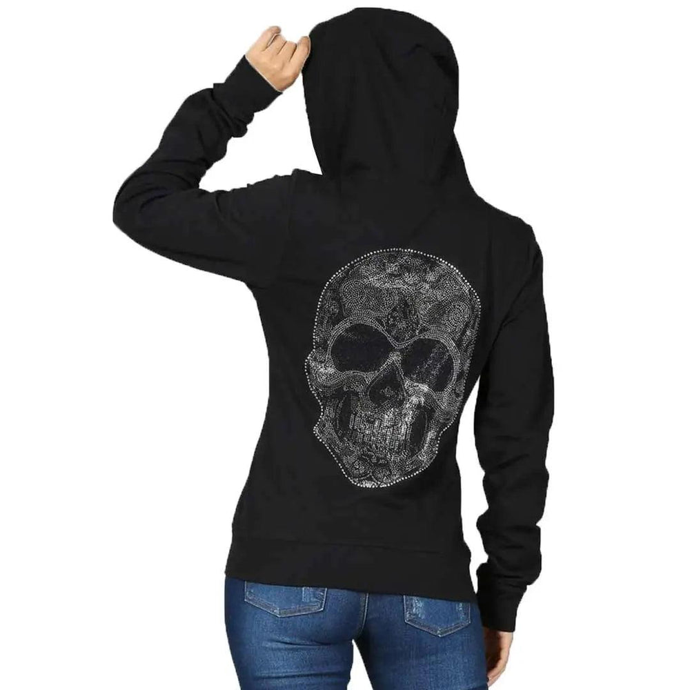 Felpa con cappuccio da donna in peluche platino con teschio e zip interaEX-STOCK Canada
