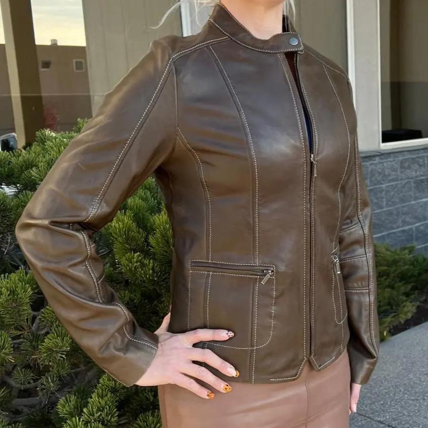 Plonge Leathers Women's Snap Collar Lamb Leather Jacket EX-STOCK Canada