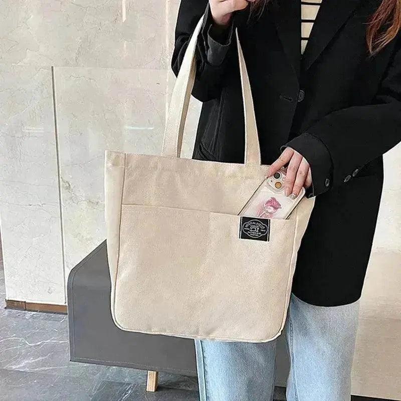 حقائب يد قماشية بأسلوب بريبي للنساء بلون صلب بسعة كبيرة بسيطة حقيبة كتف يومية بجيوب متعددة حقائب تسوق فتيات طلاب حقيبة يد توت. EX-STOCK Canada