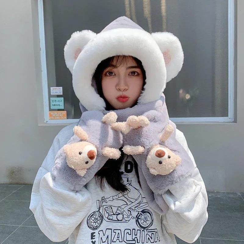 Rabbit Hair Cute Bear Hat Scarf Gloves EX-STOCK Canada