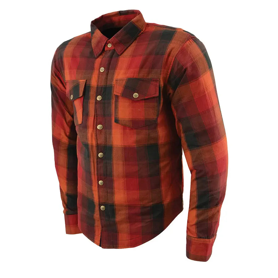 Camisa de Biker para Hombre de Franela Blindada en Rojo y Naranja de Milwaukee Leather con Fibras ReforzadasEX-STOCK Canada