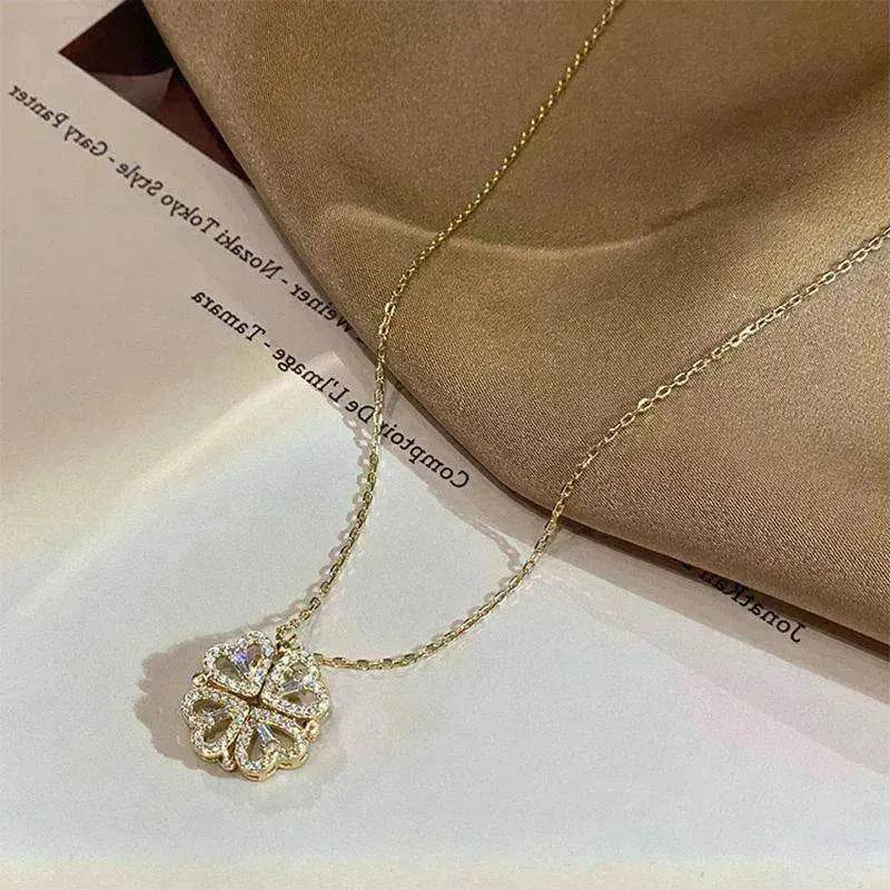Retro Magnetic Folding Heart Shaped Four Leaf Clover Pendant Women Necklace - EX-STOCK Canada