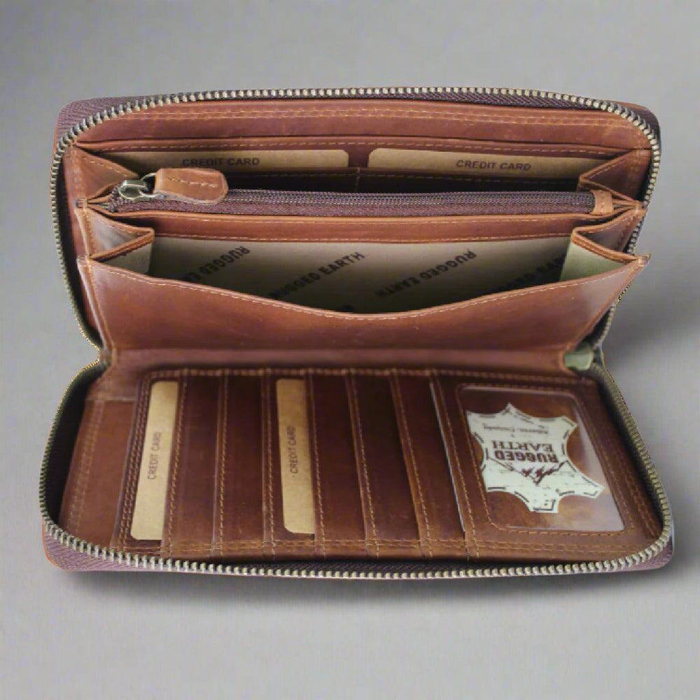 Portefeuille zippé unisexe en cuir pleine fleur Rugged EarthEX-STOCK Canada