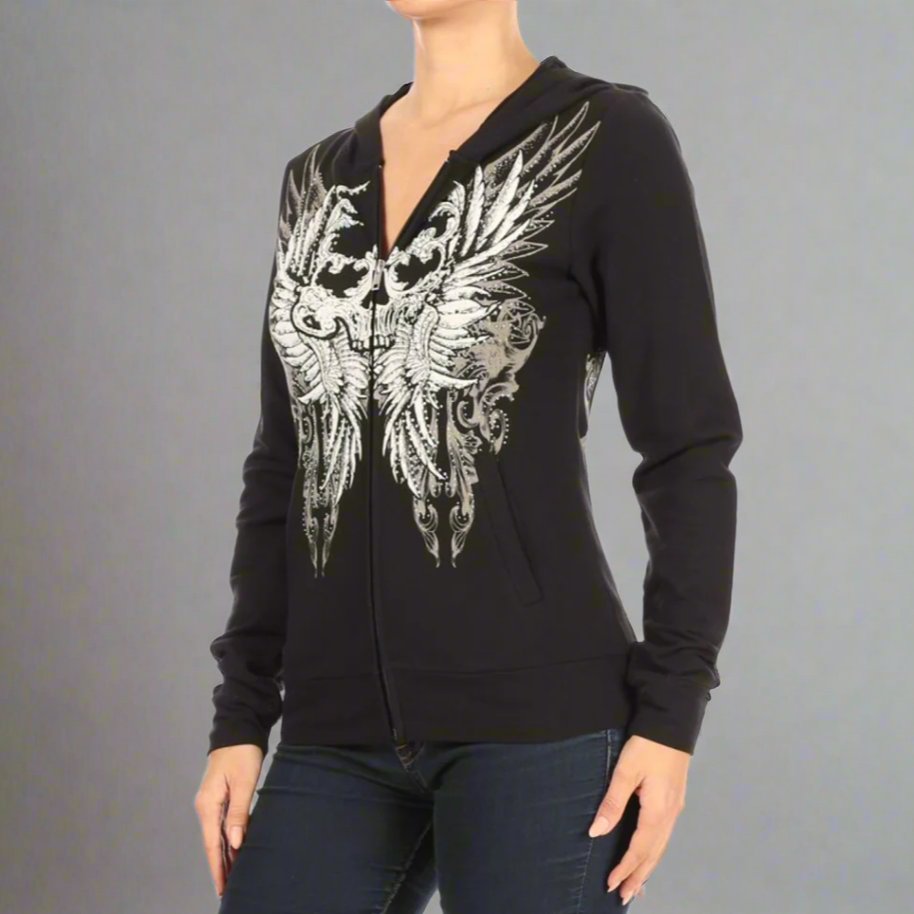 Women's Rhinestone Skull Wing Hoodie EX-STOCK Canada