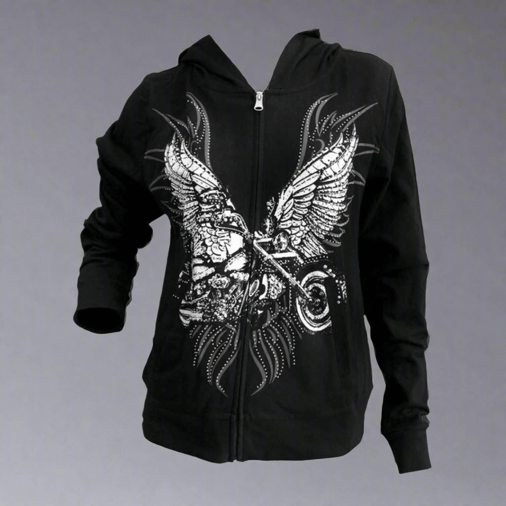 Sudadera con capucha de alas de motocicleta con pedrería para mujerEX-STOCK Canada
