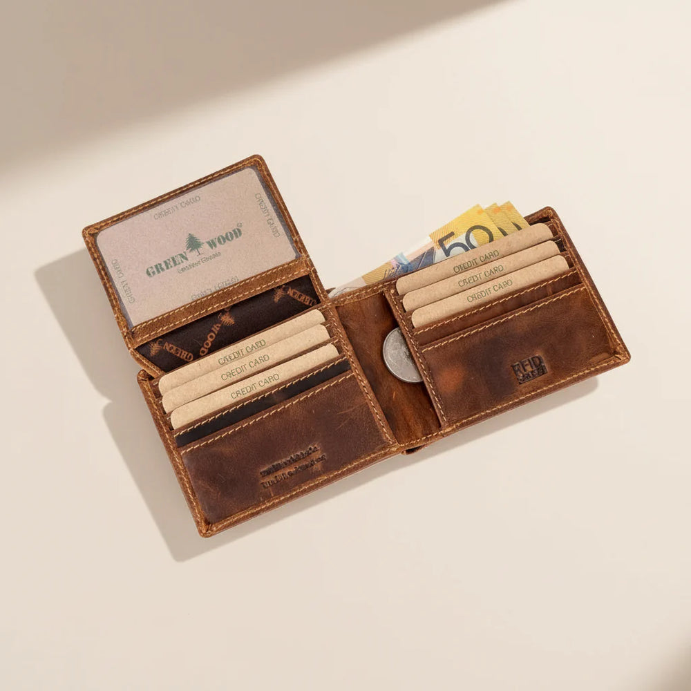 Greenwood Men's Leather Bifold Wallet. Premium RFID Protection Wallet with Flip Compartment EX-STOCK Canada