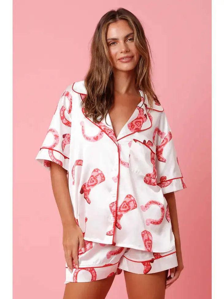 Pyjama deux-pièces en satin imprimé pour femmes - EX-STOCK Canada