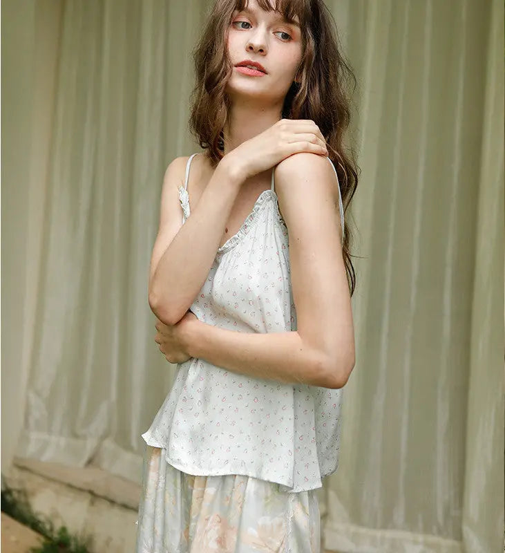 Small Green Flower Bud Sling Short Sleeve Suit Pajamas For Women - EX-STOCK Canada