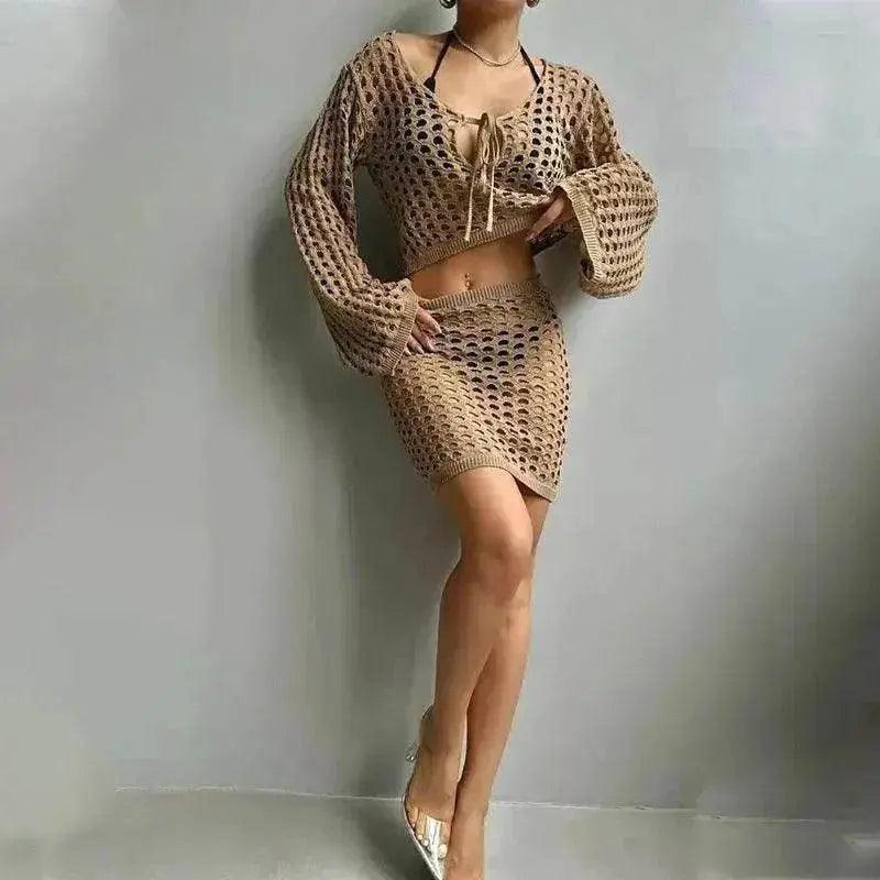Solid Color Knitted Stand-up Collar Bikini Swimsuit Blouse Suit - EX-STOCK Canada
