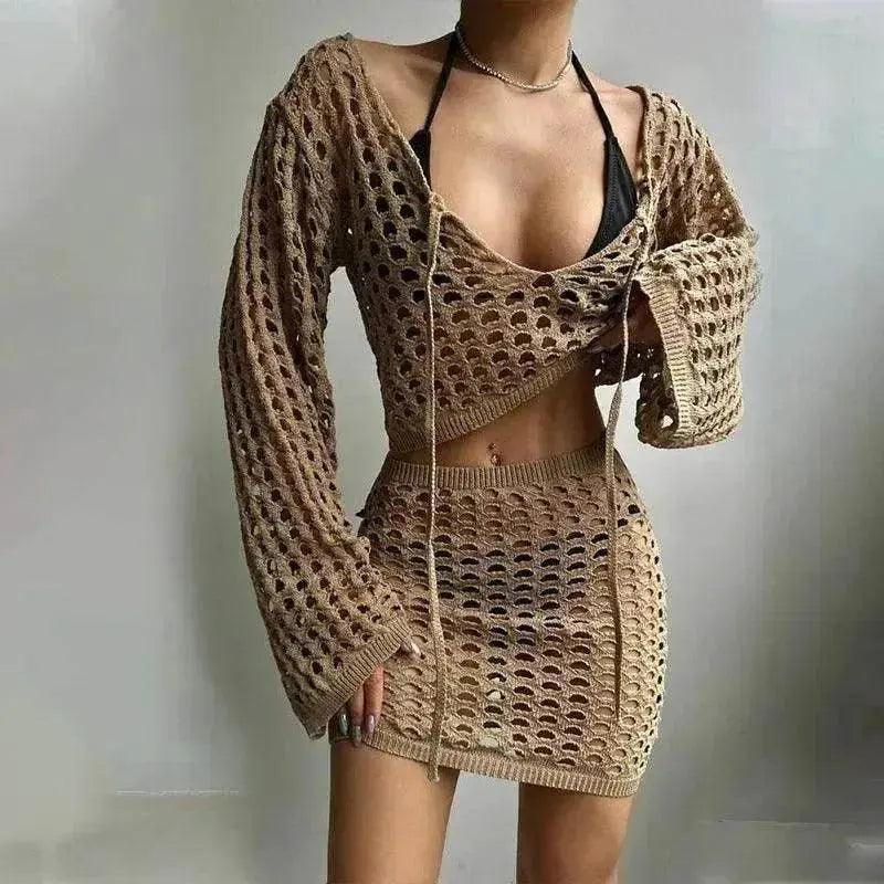 Solid Color Knitted Stand-up Collar Bikini Swimsuit Blouse Suit - EX-STOCK Canada