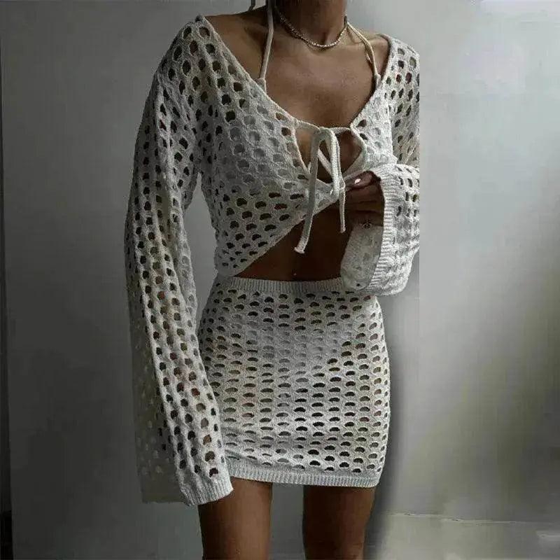 Solid Color Knitted Stand-up Collar Bikini Swimsuit Blouse Suit - EX-STOCK Canada
