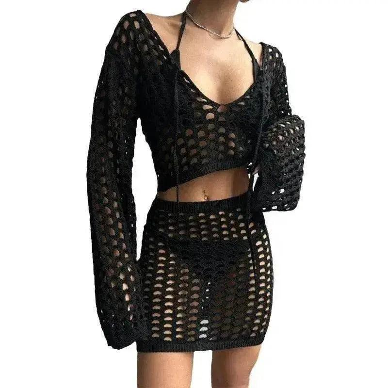 Solid Color Knitted Stand-up Collar Bikini Swimsuit Blouse Suit - EX-STOCK Canada