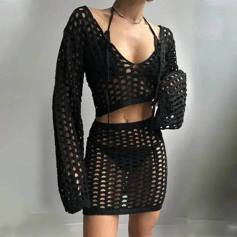 Solid Color Knitted Stand-up Collar Bikini Swimsuit Blouse Suit - EX-STOCK Canada