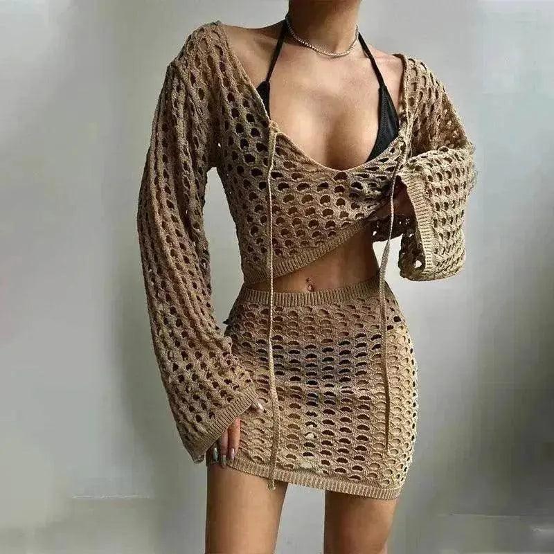 Solid Color Knitted Stand-up Collar Bikini Swimsuit Blouse Suit - EX-STOCK Canada