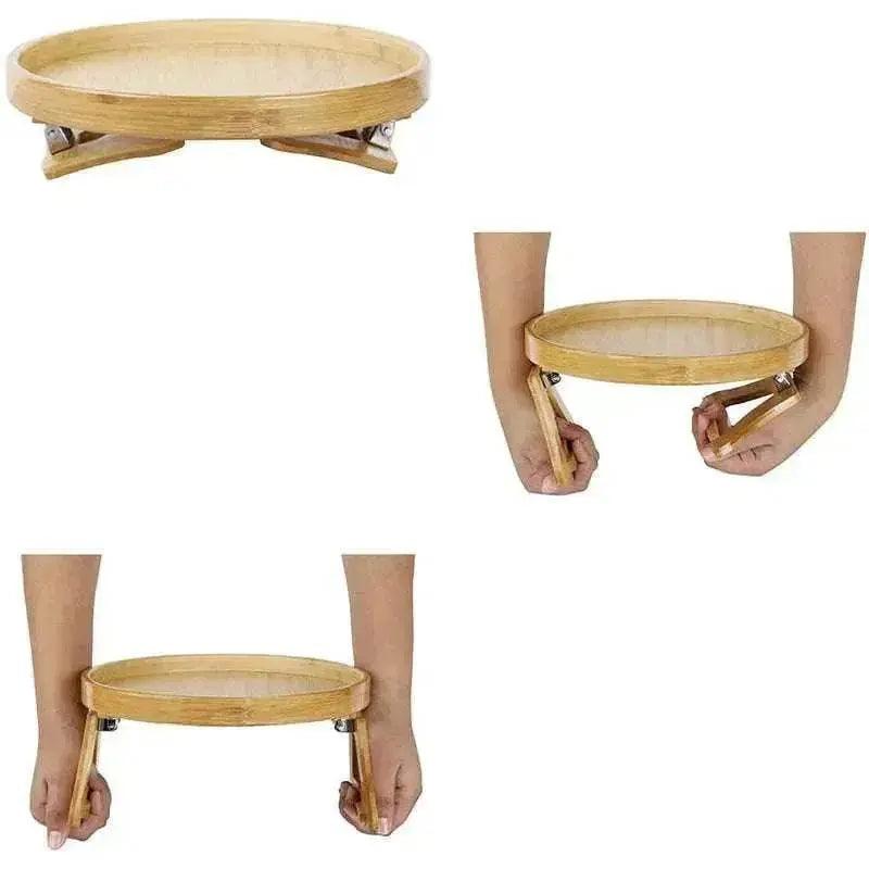 Solid Wood Round Storage Bamboo With Legs Sofa Arm Foldable Tray Table - EX-STOCK Canada