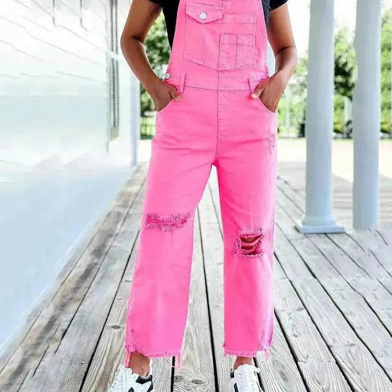 Salopette donna in denim a gamba larga rosa uniforme strappata da strada - EX-STOCK Canada