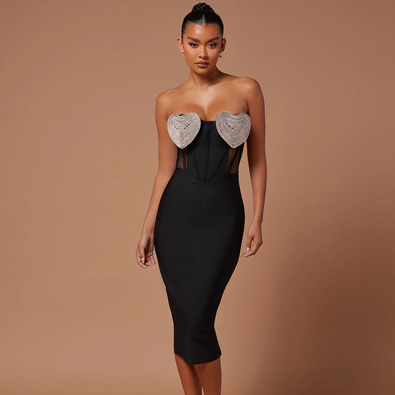 Spring And Summer New Sexy Peach Chest Diamond Backless Hip Bandage Dress Party Dress EX-STOCK Canada
