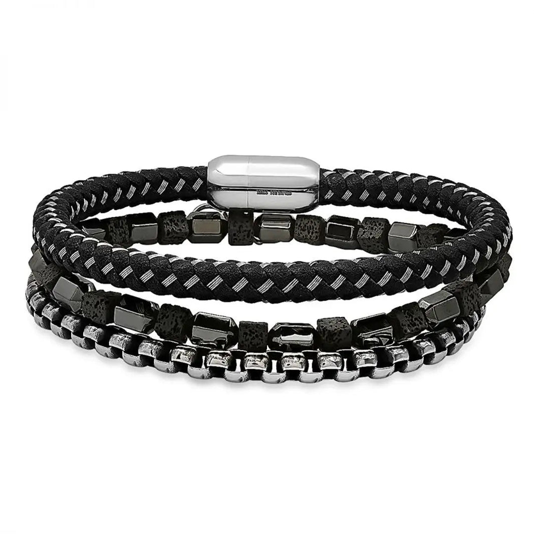Bracelets pour hommes SteelTime en cuir noir et acier inoxydable avec hématite et pierre de laveEX-STOCK Canada