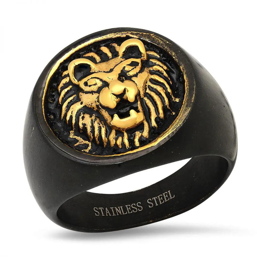 Bague chevalière en acier inoxydable noir pour hommes SteelTime avec lion en orEX-STOCK Canada