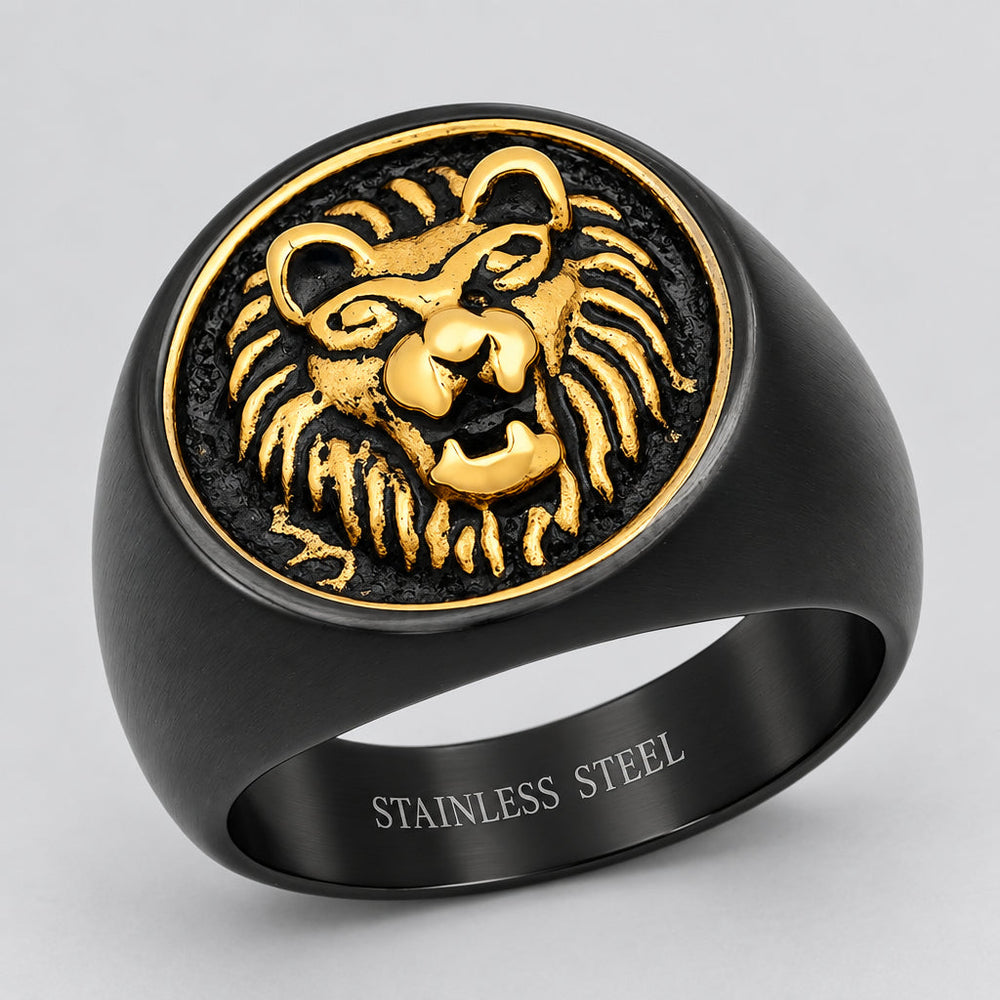 SteelTime Men's Black Stainless Steel Signet Ring with Gold Lion