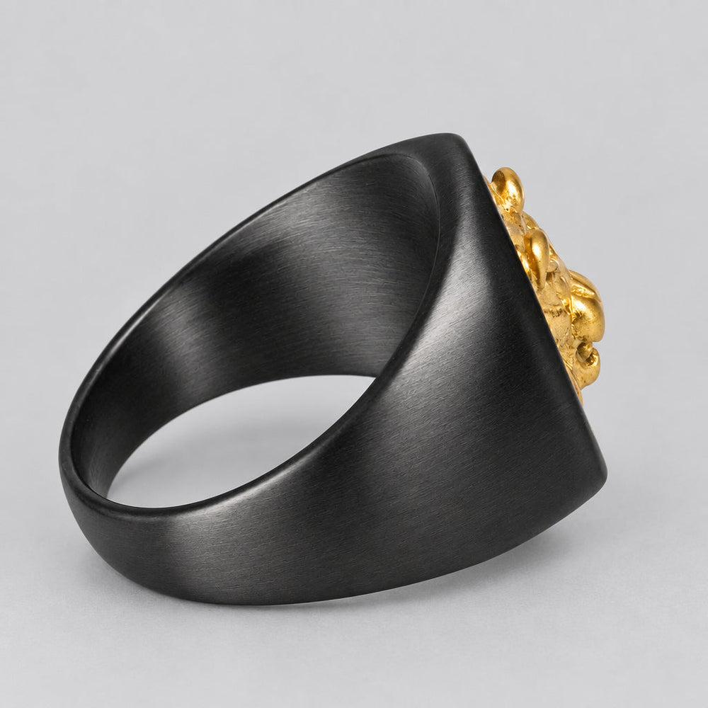 SteelTime Men's Black Stainless Steel Signet Ring with Gold Lion