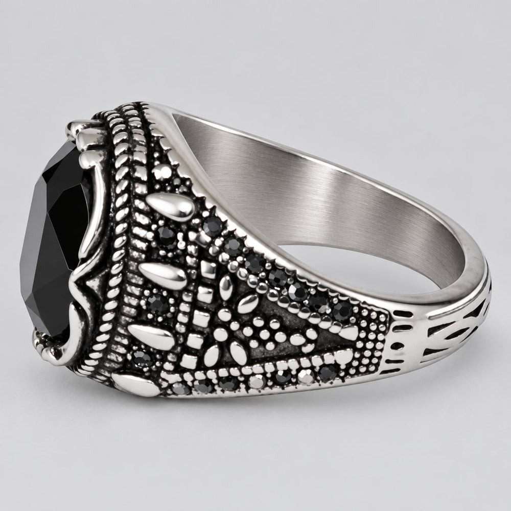 SteelTime Men's Stainless Steel Gothic Simulated Black Diamond Ring