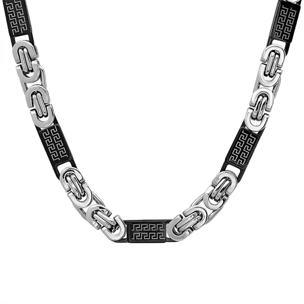 Collier byzantin bicolore en acier inoxydable et IP noir pour hommes SteelTime avec accents à clé grecqueEX-STOCK Canada