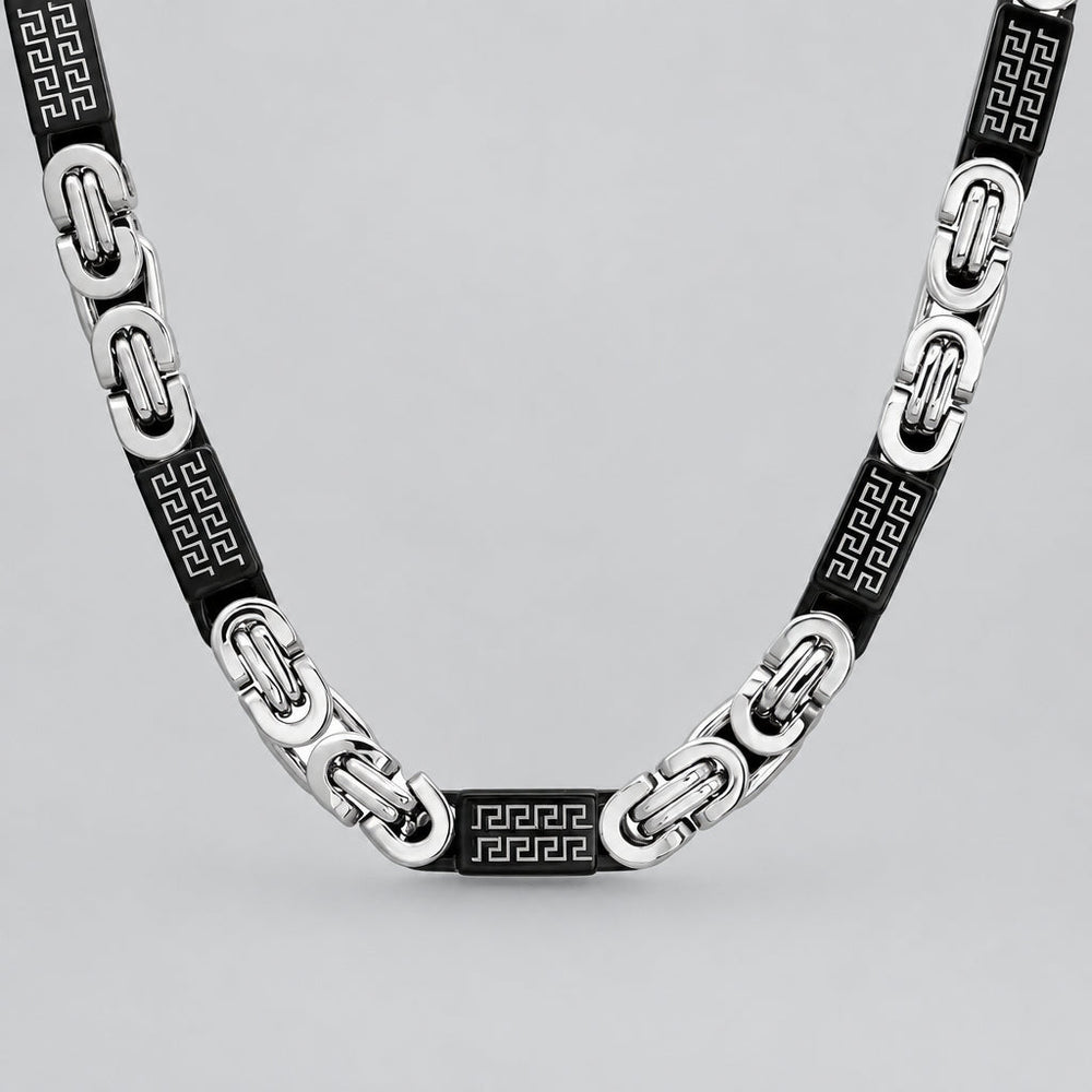 SteelTime Men's Two Tone Stainless Steel and Black IP Byzantine Necklace with Greek Key Accents