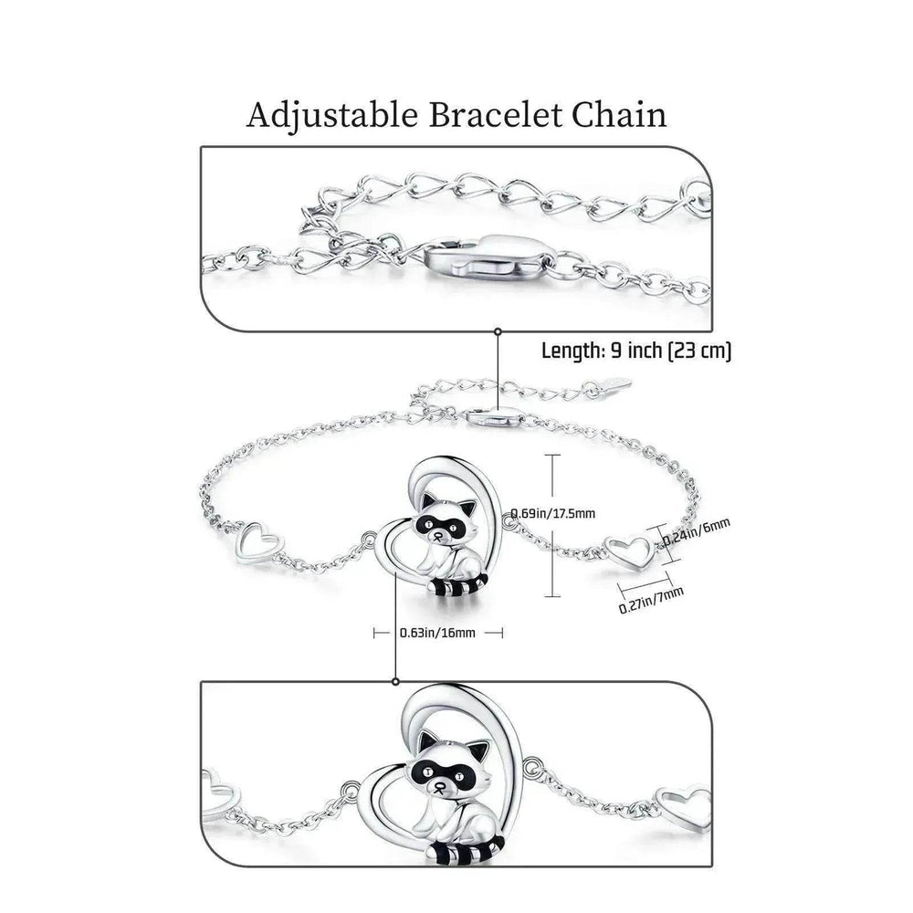 Sterling Silver 925 Heart Shaped Charm Raccoon Bracelet - EX-STOCK Canada