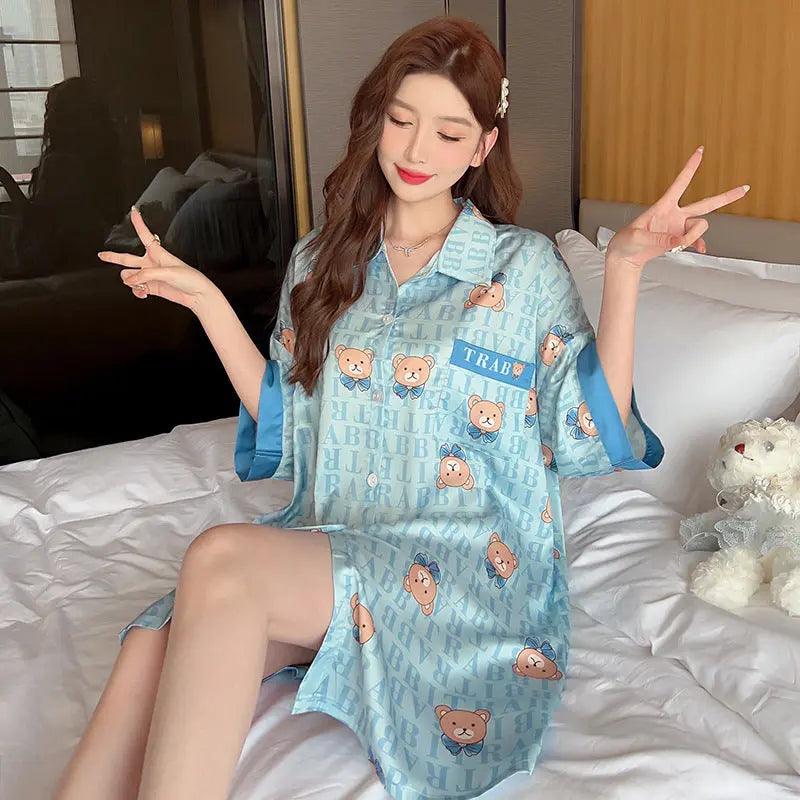 Robe-Chemise Rayée Manche Courte Taille Plus Pyjama Ample Pour Femmes - EX-STOCK Canada