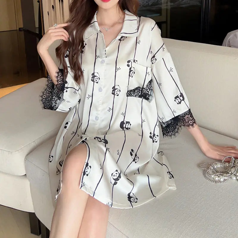 Striped Shirt Dress Short Sleeve Plus Size Loose Pajamas For Women - EX-STOCK Canada