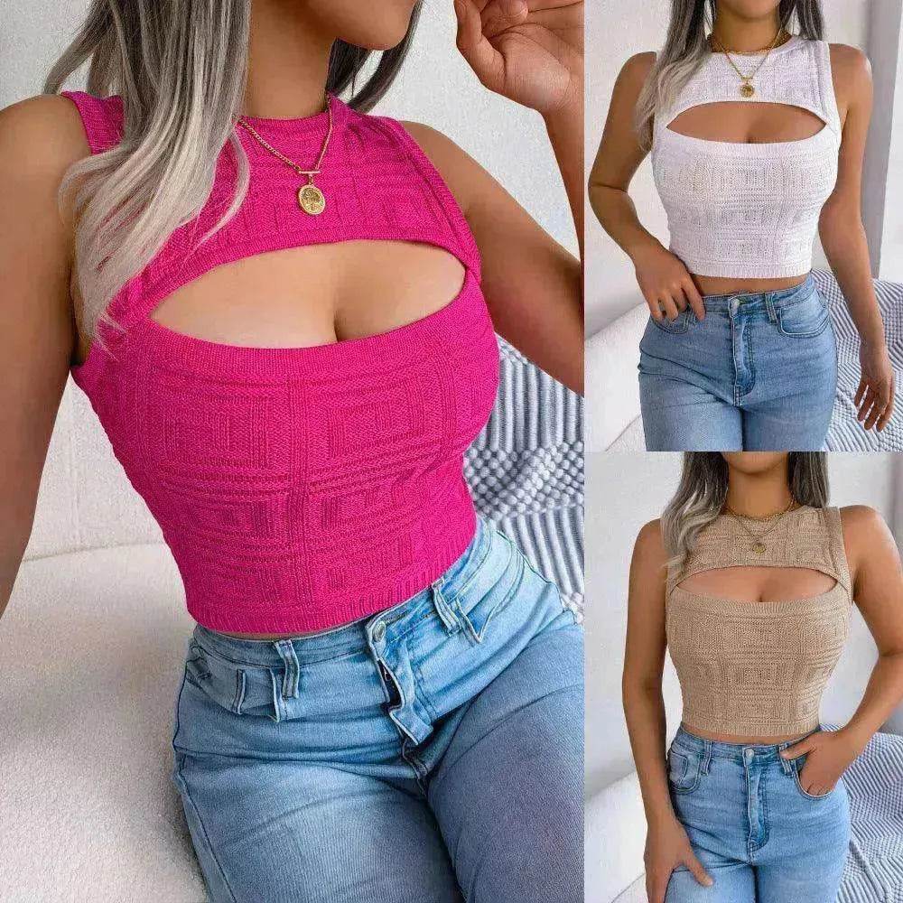 Summer Hollow Out Sleeveless Top Cropped Knitted Tank - EX-STOCK Canada