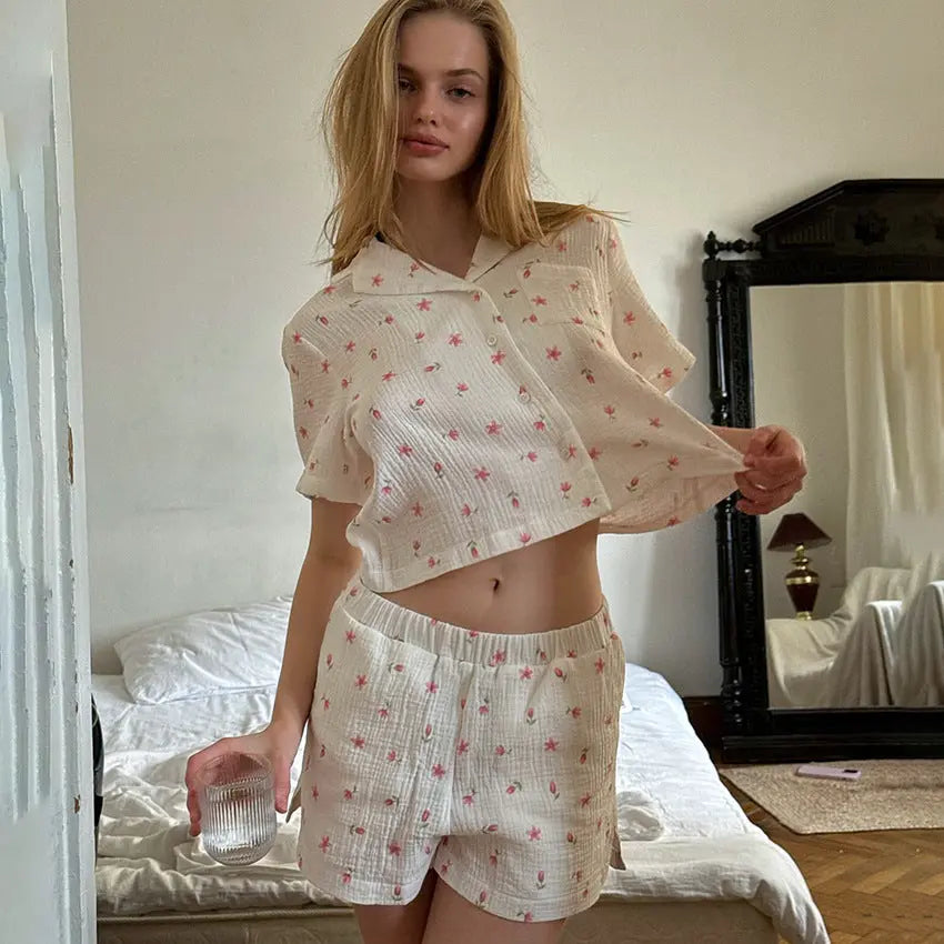 Thin Cotton Printed Comfortable Loose Breathable Short-sleeved Shorts Summer Pajamas Home Wear For Women - EX-STOCK Canada