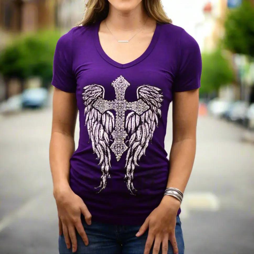 V-Neck Tee with Cross, Wings, and Rhinestone Accents EX-STOCK Canada